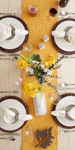 A table set with a DII Quilted Farmhouse Table Runner in Honey Gold, 13x72&#34;