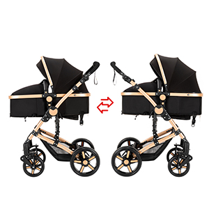 Convertible baby stroller shown in two configurations: bassinet and forward-facing seat. Black fabric with gold frame and wheels.