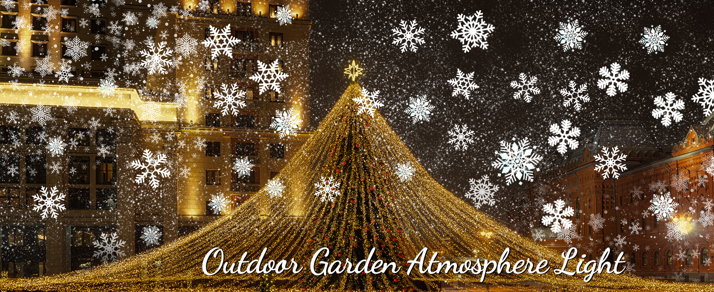 Outdoor garden atmosphere light with glowing golden strings and white snowflake decorations against a dark background, creating a festive winter ambiance.