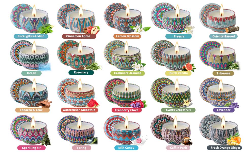 Collection of 20 decorative tin candles with various colorful patterns. Each candle is labeled with a different scent name and appears to have a removable lid.