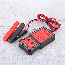 Portable electronic device with red and black color scheme. Features alligator clips and a digital display, likely for automotive or electrical testing.