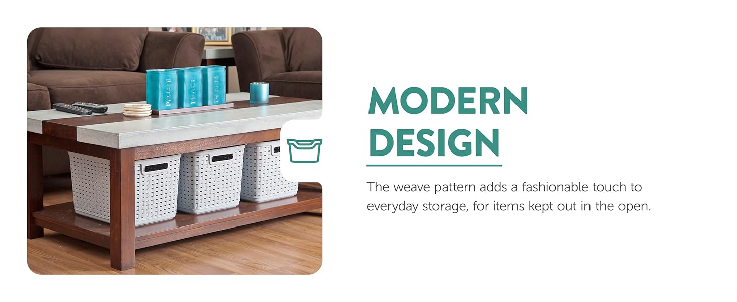 A sterilite storage basket labeled &#34;modern design,&#34; showcasing its weave pattern and modern design.
