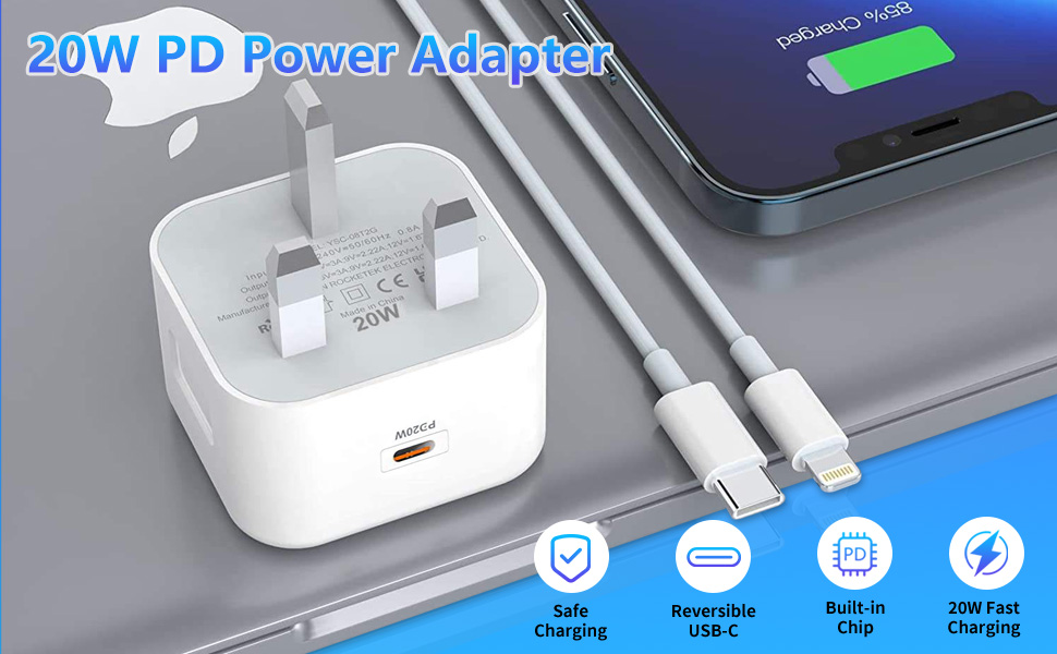 USB C Plug,20W USB C Fast Charger Plug, For iPhone Charger Adaptor UK Compatible with iPhone 16/15/14/14 Plus/14 Pro/14 Pro Max/13 12 11 X XR XS SE/Pad-1Pack 17 20W PD Power Adapter