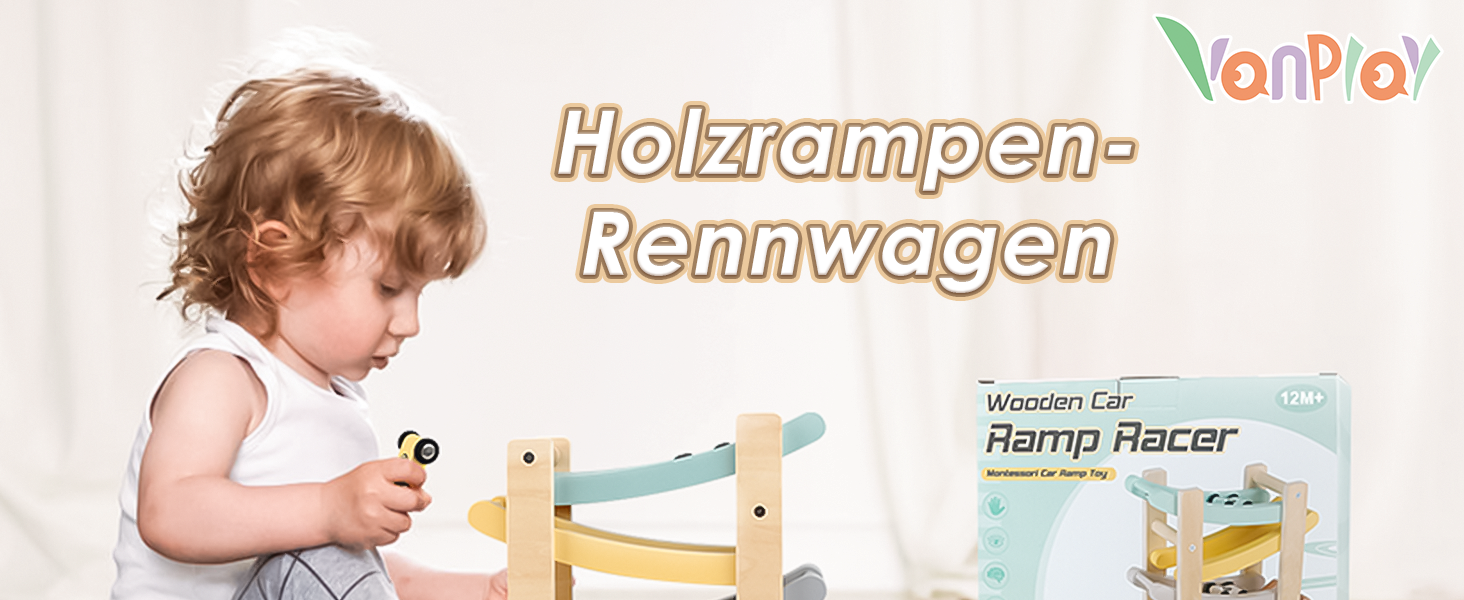 Der Text lautet „Holzrampen-Kennwagen“ und „Ramp Racer“. Serie von Produktfotos, die ein Spielzeugauto-Schienensystem mit Rampe aus Holz mit verschiedenen zusammengebauten Konfigurationen und Spielszenarien zeigen.