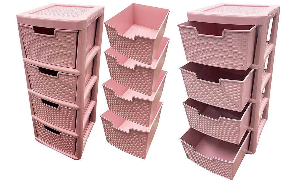 Large Rattan Pink 4 Drawer Plastic Modular Storage Tower For Home