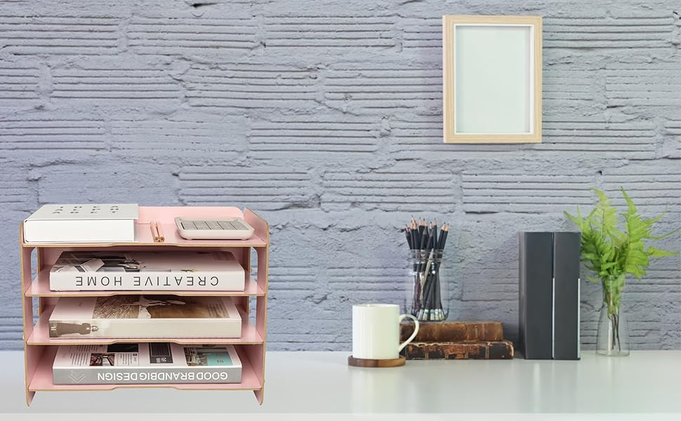 EXERZ Wooden File Organiser 4 Tiers for Desk Tidy, Office Supplies, Document Holder