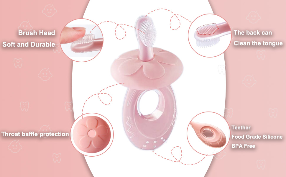 Brush Head Soft and Durable; Throat baffle protection; Clean the tongue;Teether Food Grade Silicone;