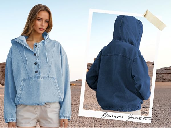 Amazon.com: Aomice Women Half Zip Denim Hoodie Pullover
