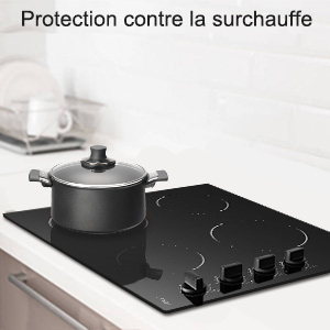 Hobsir Plaque Vitrocéramique 6000W, Plaque De Cuisson Vitroceramique 4 Feux, 9 Niveaux De Puissance, 4 Zones De Cuisson, Surface En Verre Noir Poli 59 Cm, Bouton De Commande, Fil Dur, Pas De Prise 17 300:300