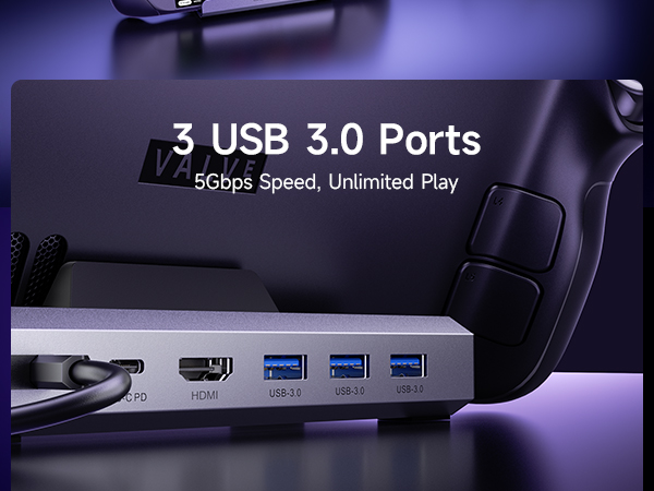 Black computer USB hub with multiple USB 3.0 ports, illuminated by purple/blue lighting.