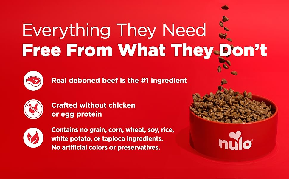 Bowl of dog kibble with benefits & features callouts