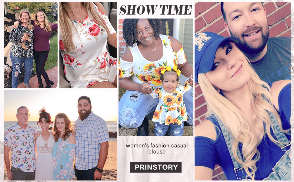 PrinStory Women's Short Sleeve Casual Cold Shoulder Tunic Tops Loose Blouse Shirts