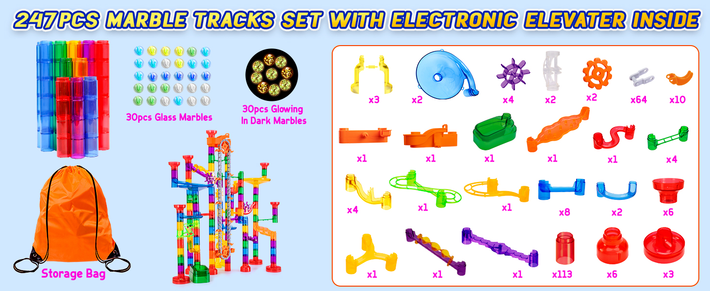 247Pcs Marble Run with Motorized Elevator, Construction