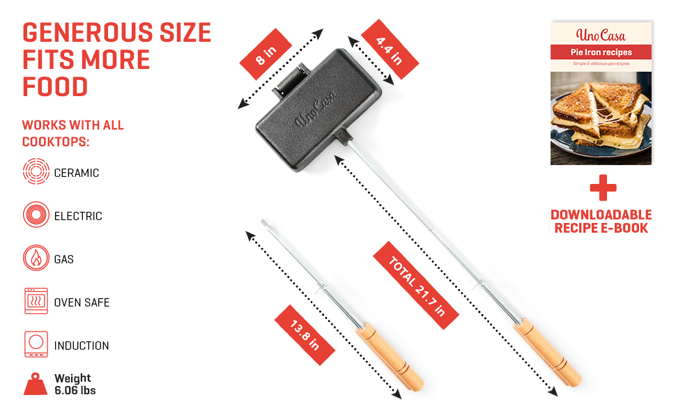 Uno Casa Cast Iron Pie Iron with Ebook Receipts for great Camping Dish