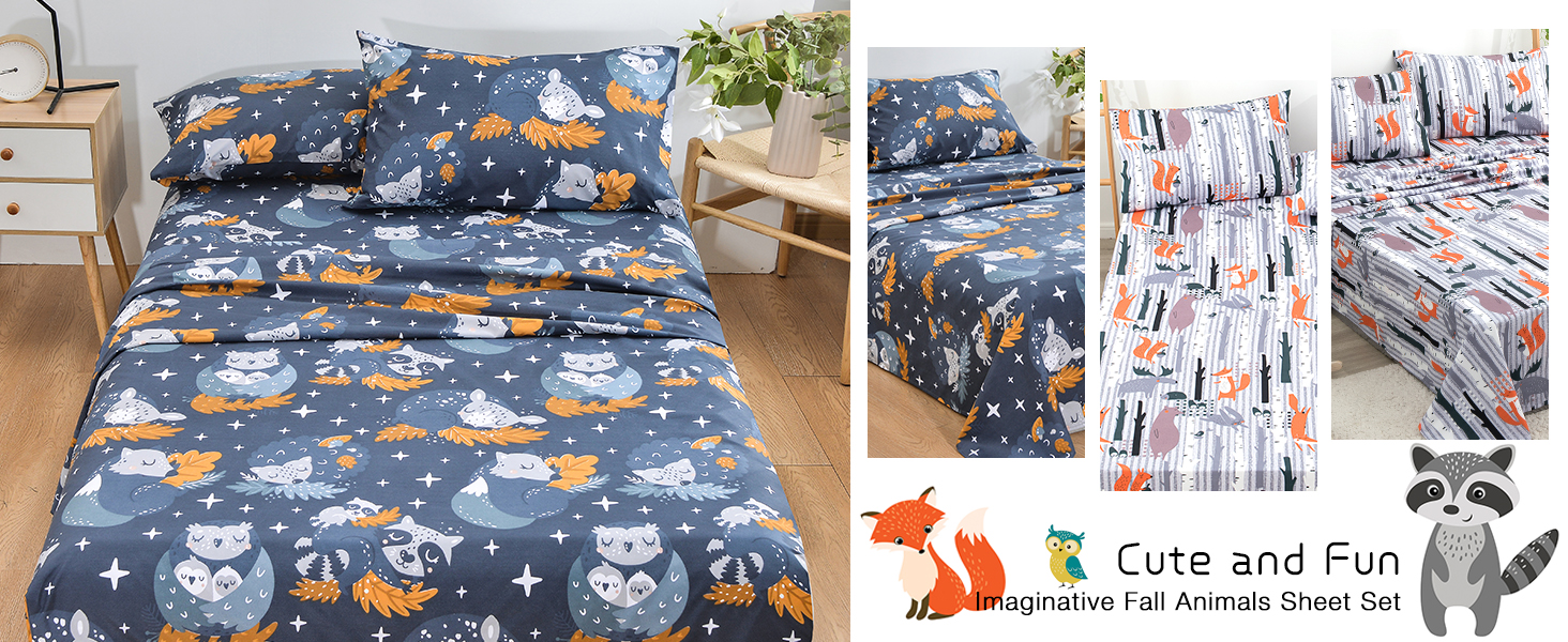 青い子供用シーツ 秋の動物