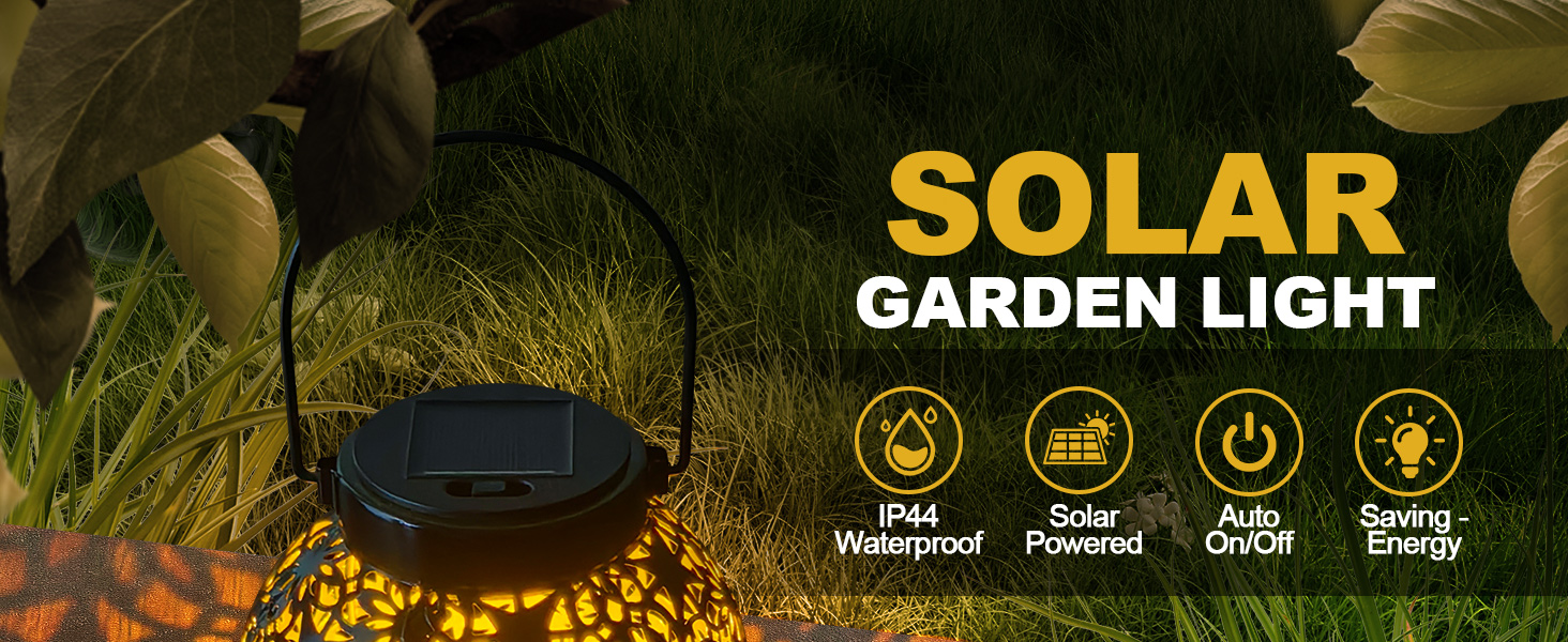 Solar garden light product banner with yellow text and four icon features showing waterproof, solar powered, auto on/off, and saving energy capabilities.