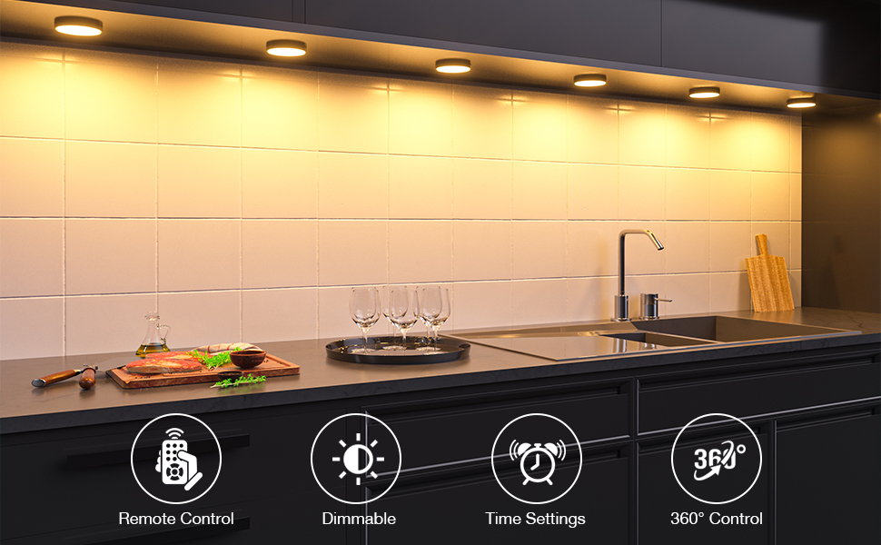 WOBANE Under LED Lighting kit, Dimmable Black LED Puck Lights with Remote Control, Under