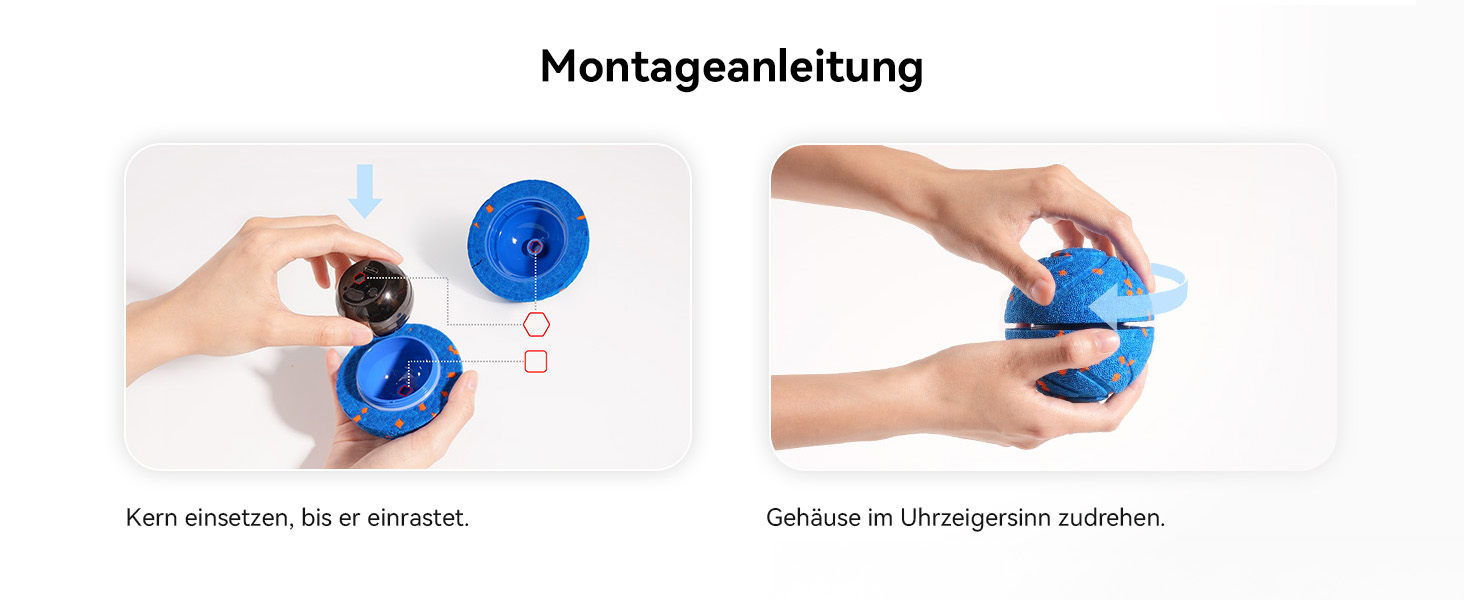 Der Text lautet „Montageanleitung“: Die Installationsanleitung zeigt Hände, die zeigen, wie blaue kreisförmige Bauteile in zwei aufeinanderfolgenden Schritten befestigt werden.