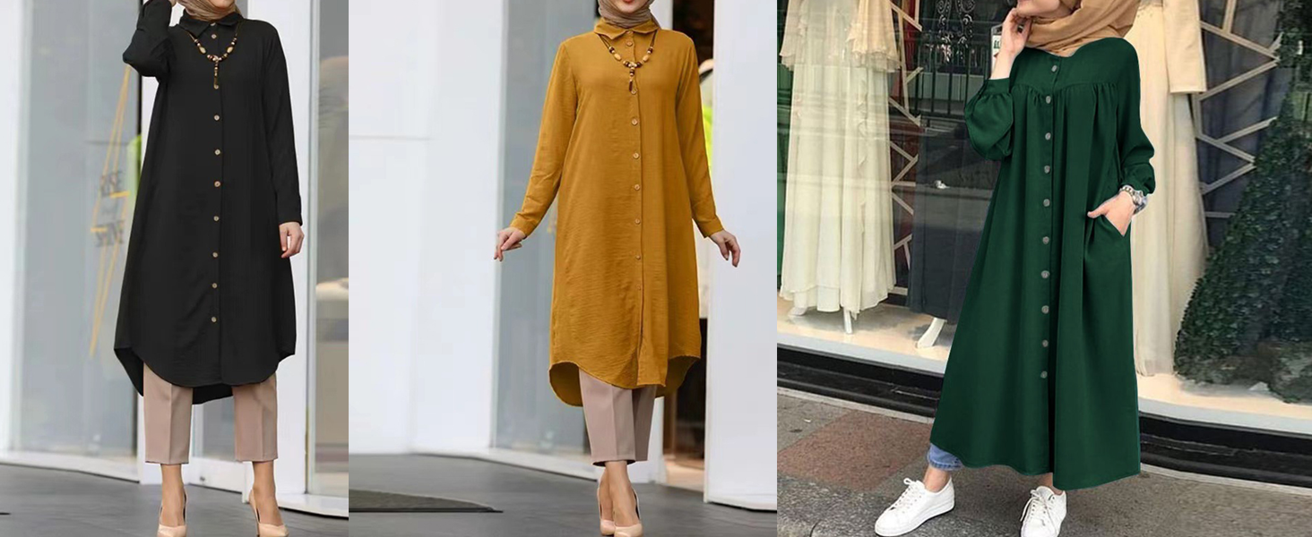 Women&amp;#39;s Muslim Long Sleeve Button Down Abaya Casual Dress Dubai Outfits