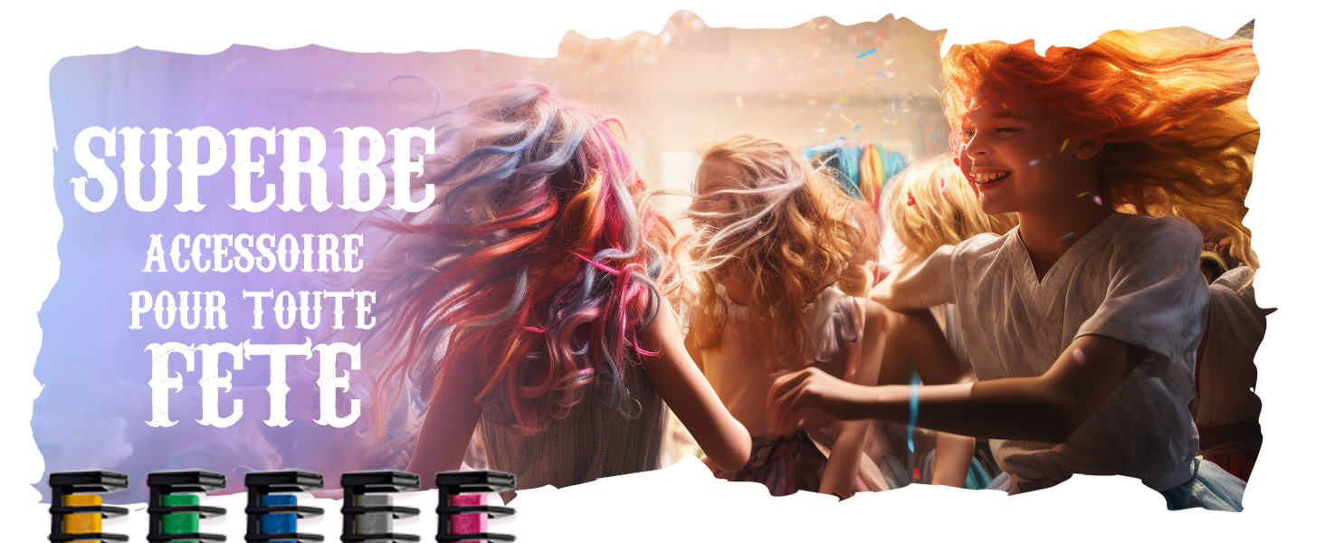 Image promotionnelle artistique avec silhouettes sur fond coloré, texte français « SUPERBE ACCESSOIRE POUR TOUTE FETE