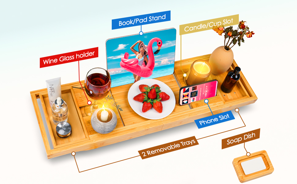 Foldable Bathtub Caddy Tray, Bamboo Bath Tub Tray Table for