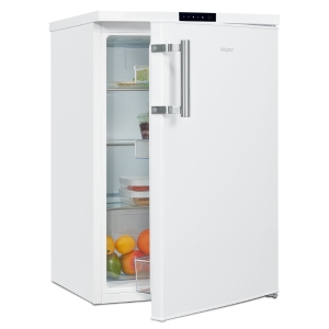 Weißer Kompaktkühlschrank mit offener Tür, Innenregalen und Lebensmitteln. Glasregale und Türablage sichtbar.
