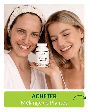 Une bouteille blanche de complément alimentaire à base de racine de maca est entretenue entre deux femmes souriantes. Le bouton vert ci-dessous indique « ACHETER Mélange de plantes » en français