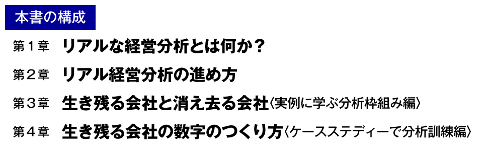 本書 内容 第1章 リアル 経営分析 第2章 リアル 経営分析 進め方 第3章 生き残る会社 消え去る会社 実例 学ぶ 分析 枠組み 第4章 生き残る会社 数字 つくり方 ケースステディー 分析訓練編