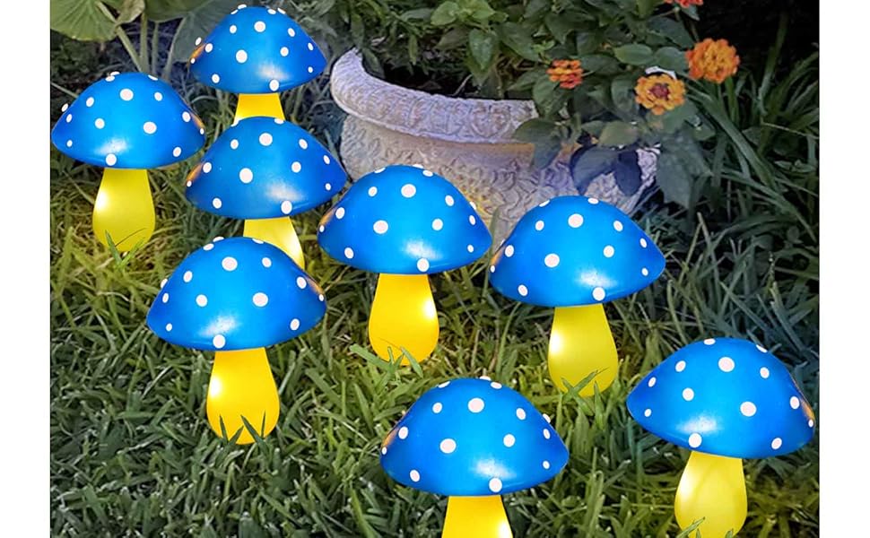 Abkshine Set of 8 Blue Solar Garden Lights, Solar Powered Mushroom