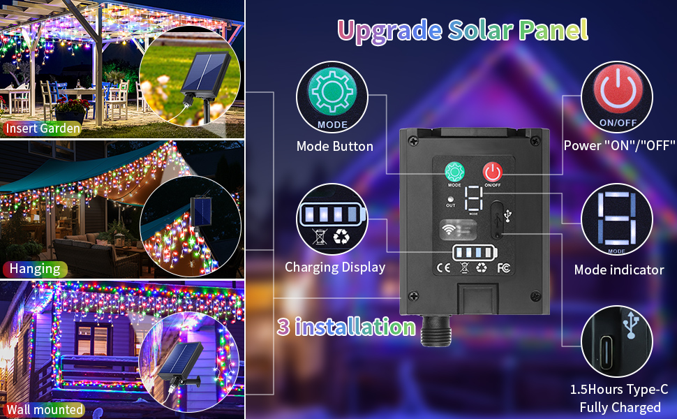 Solar Icicle Lights Switch Warm / Colorful 12+5M/56Ft 506 LEDs