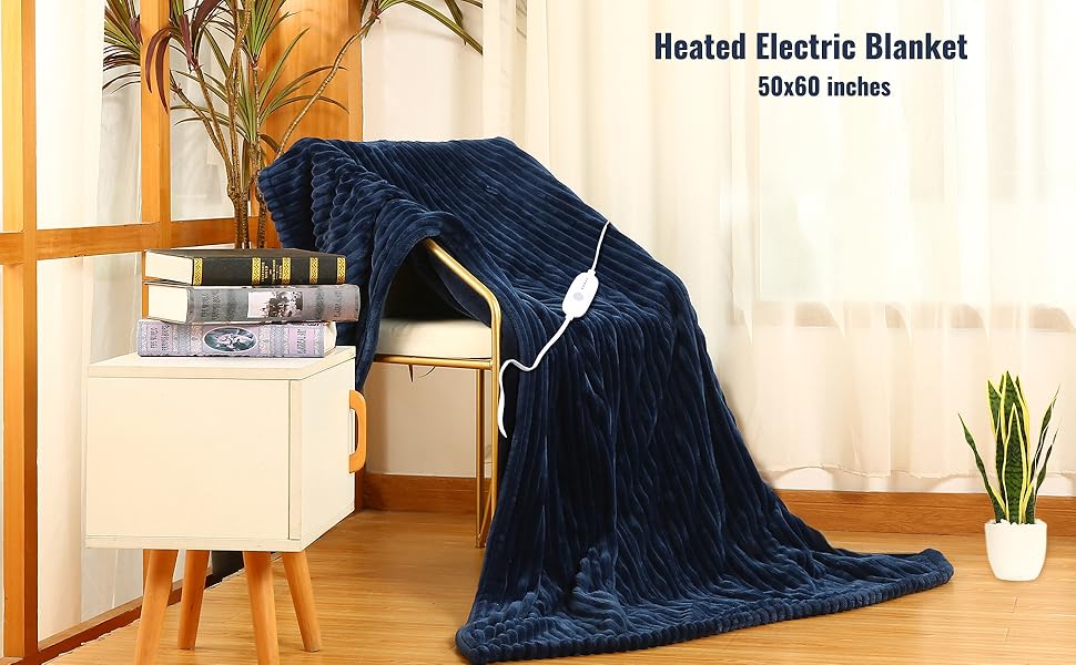 YAKEE Heated Blanket Throw 50"x60" Posh Ribbed Flannel