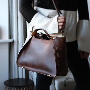 Red Brown large leather tote bag for women