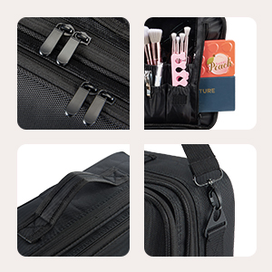 Black travel bag with multiple compartments, showcasing zipper details, brush storage, and a tag. Close-ups highlight durable fabric texture and strap attachments.