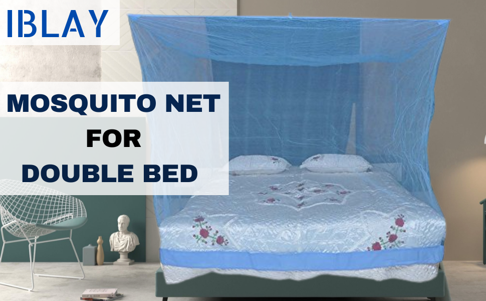 Iblay 8x8 FT Blue Mosquito Net for Double Bed Deluxe Cotton Material
