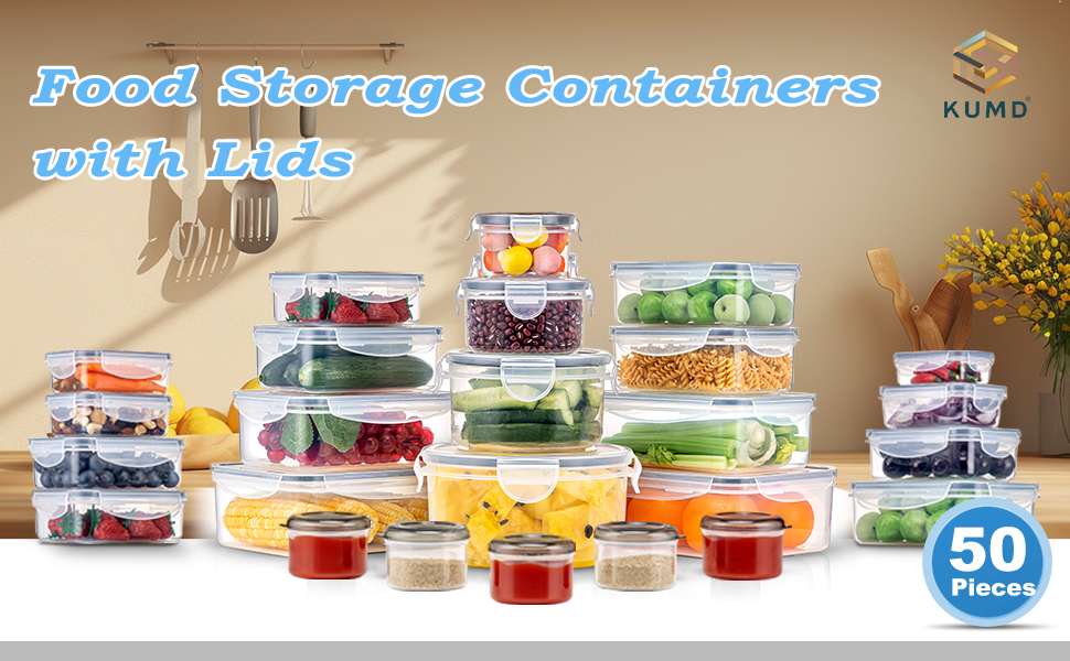 Set of 50 clear plastic food storage containers with lids, various sizes and shapes, displayed with colorful fruits and vegetables inside. Kitchen utensils in background.