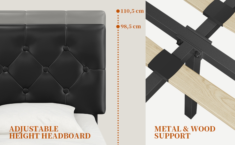 Split image showing a black tufted headboard with height measurements and a wooden bed frame with metal support. Text labels describe features.