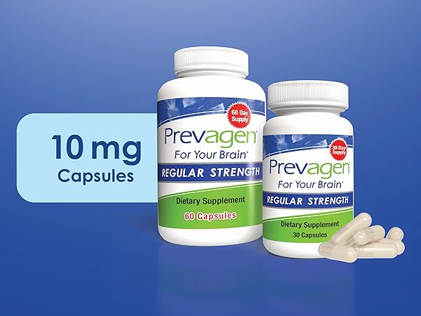 Prevagen Regular Strength 10mg 30 capsules and 60 capsules on blue background