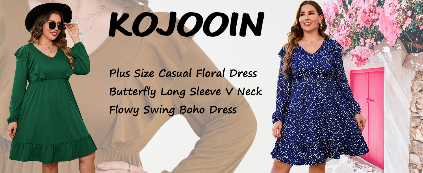 Plus Size Casual Floral Dress Butterfly Long Sleeve