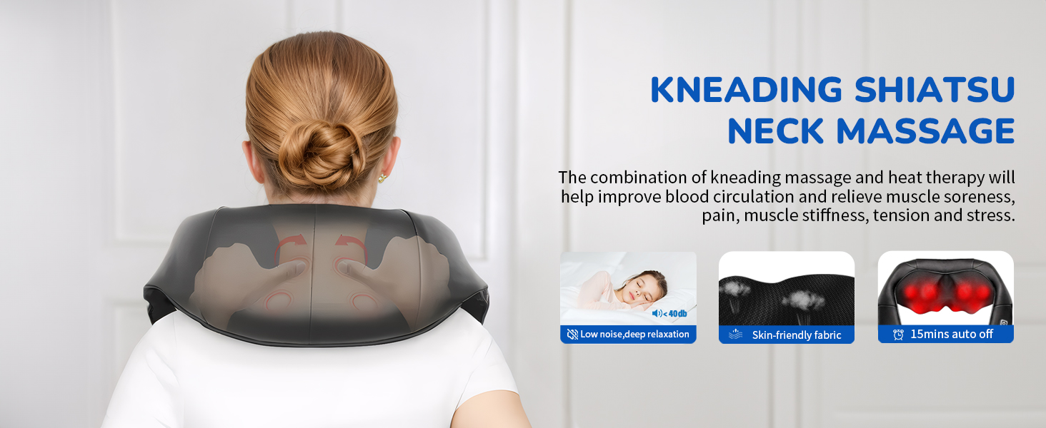 Neck massager device with gray cushion and black straps. Person demonstrating use on neck. Product features kneading shiatsu technology and heat therapy for muscle relaxation.