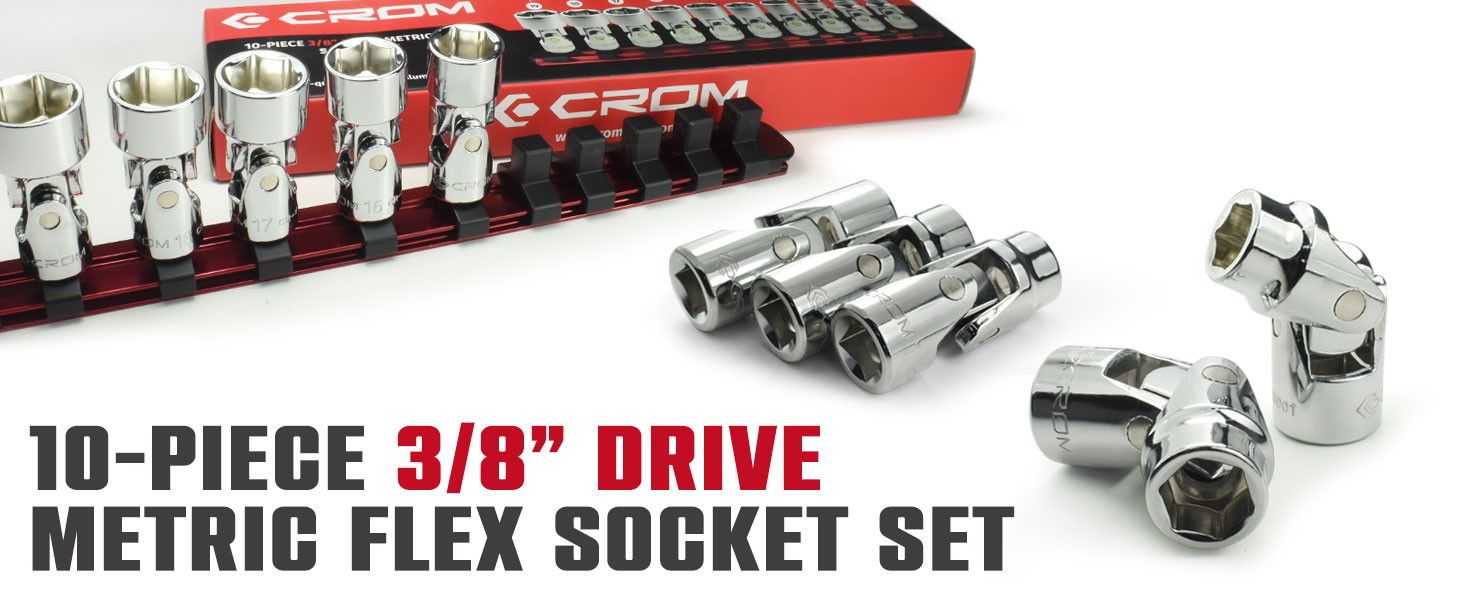CROM Universal Flex Socket Set 3/8 Inch Drive 6Point 10