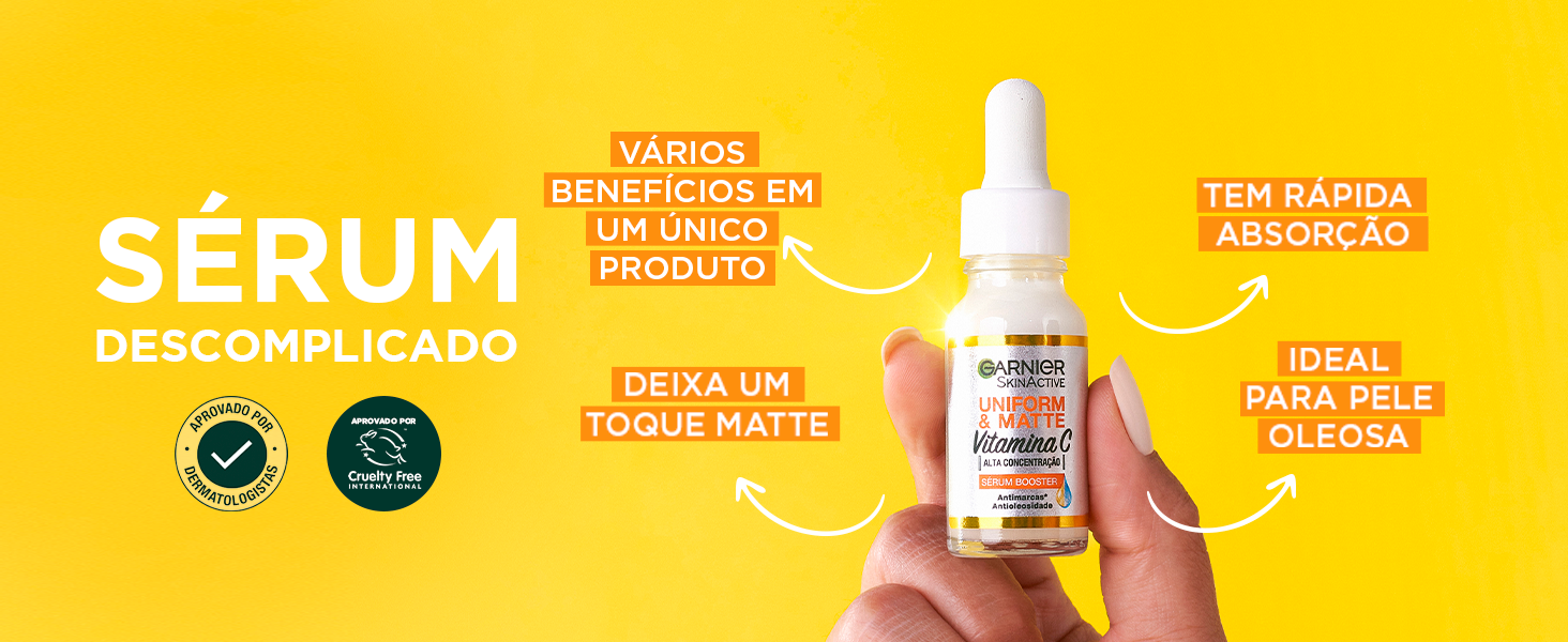 Sérum Antimanchas Uniform e Matte sobre fundo amarelo com setas brancas apontando seus benefícios