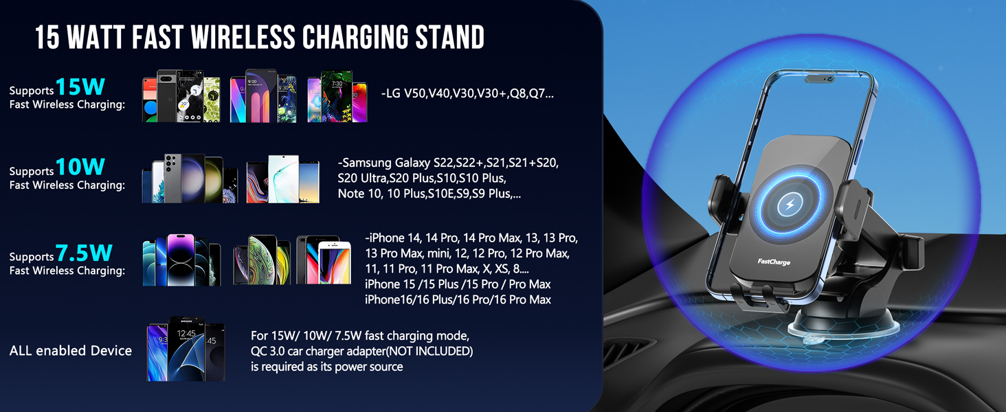 15W wireless charging stand with illuminated blue circular design, showing product features and compatible devices on marketing display.