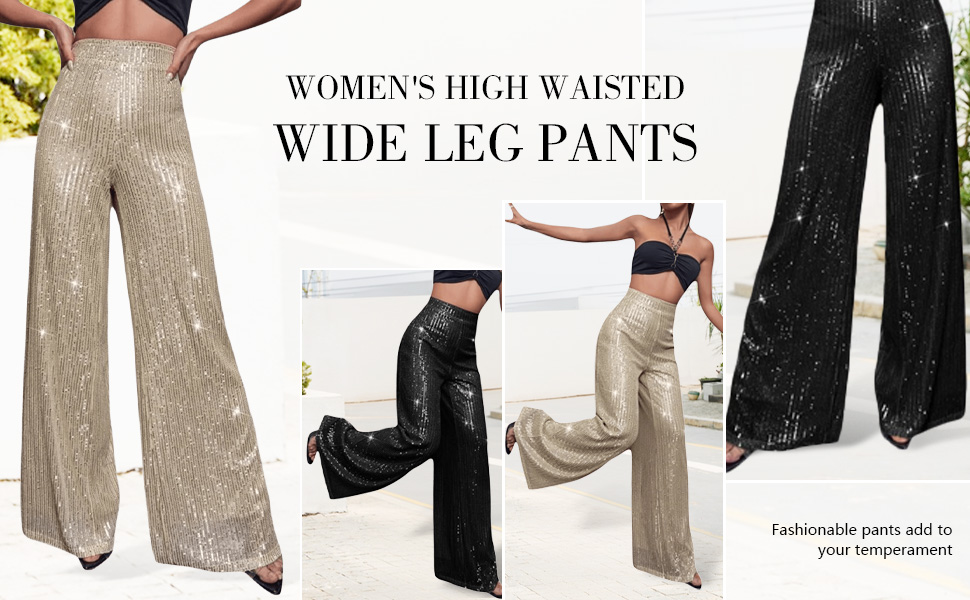 Beeuthios Women Sequin Pants Sparkly Hight Waist Wide Leg