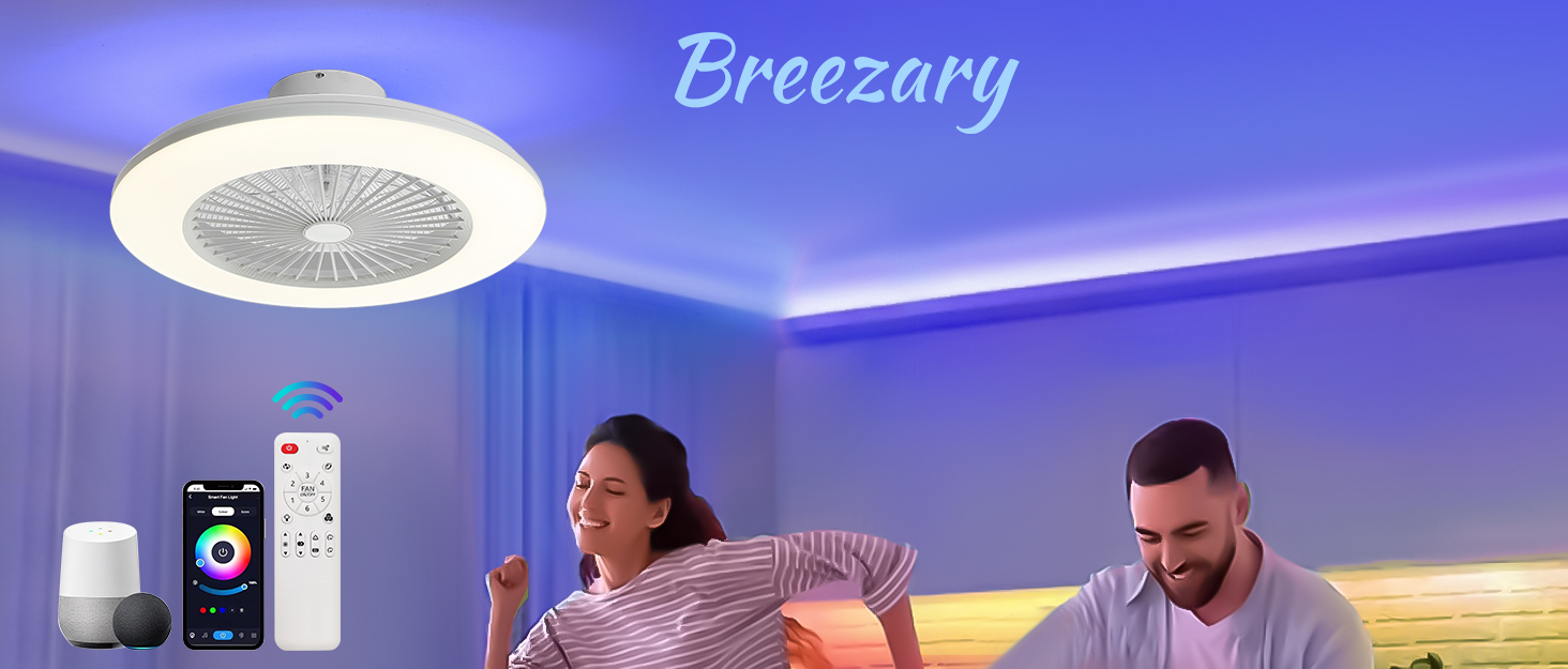 Breezary 20 Inch Low Profile Ceiling Fan with Light, Led Bladeless RGB
