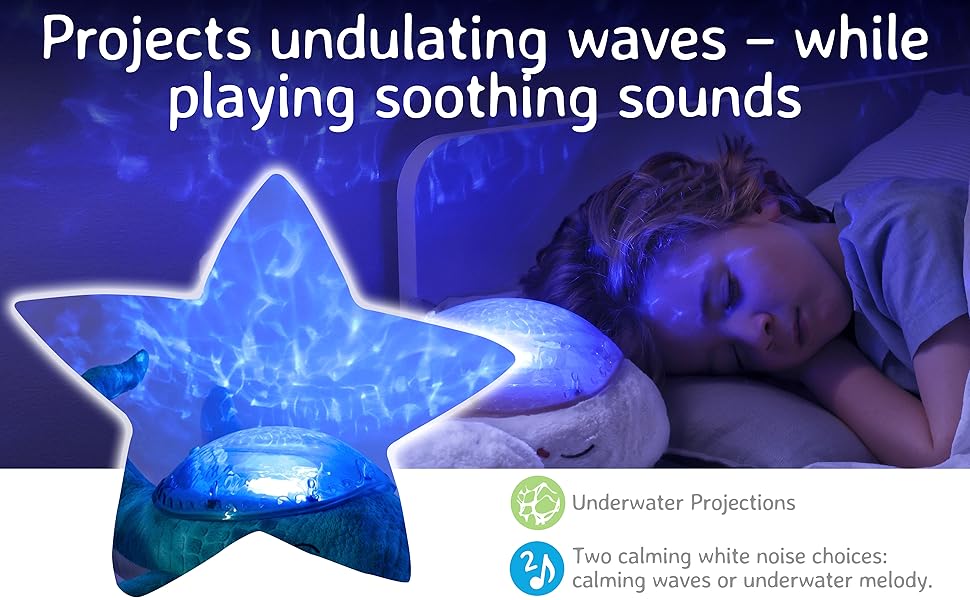 Projects undulating waves while playing soothing white noises ounds.