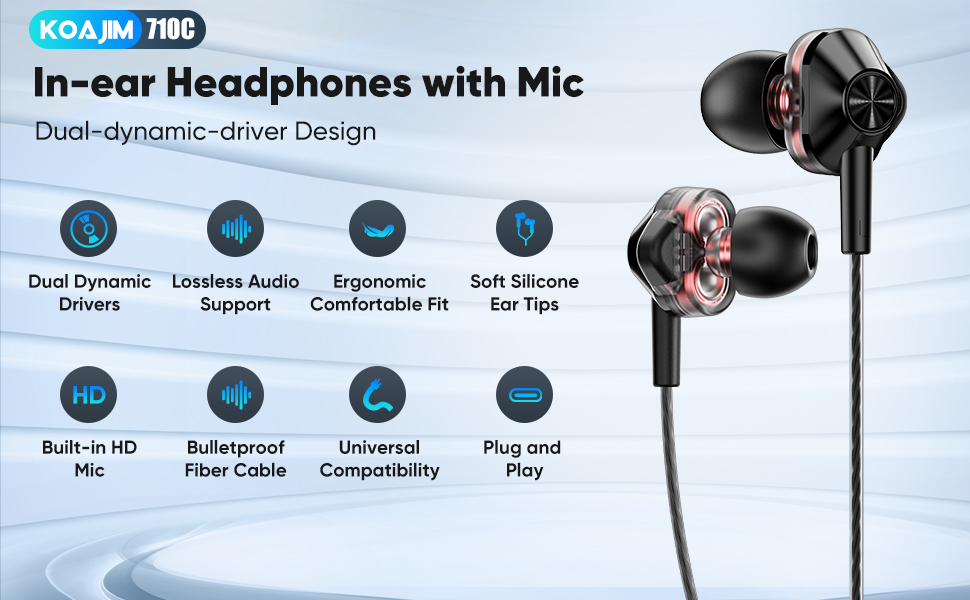 Koajim 710C: In-ear Headphones with Mic, Dual-dynamic-driver Design
