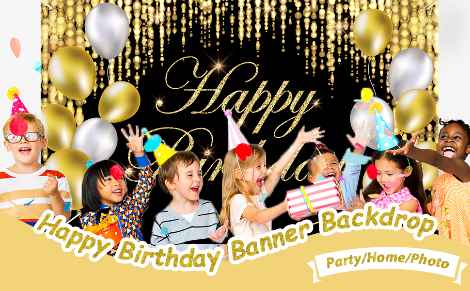 Black Gold Happy Birthday Banner Backdrop