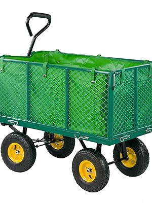 Multiple views of a large green mesh utility wagon with yellow wheels, showing different angles of the cart's construction and capacity.