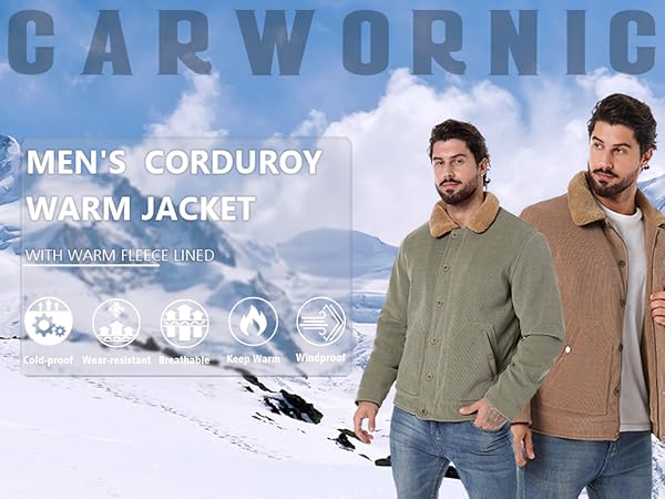 CARWORNIC Men's Military Jacket Casual Winter Corduroy Jacket Warm