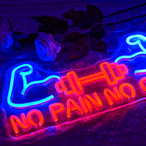 Neon sign with blue and red text displaying 'NO PAIN NO' with an illustrated dumbbell. Dark background with indistinct objects visible.